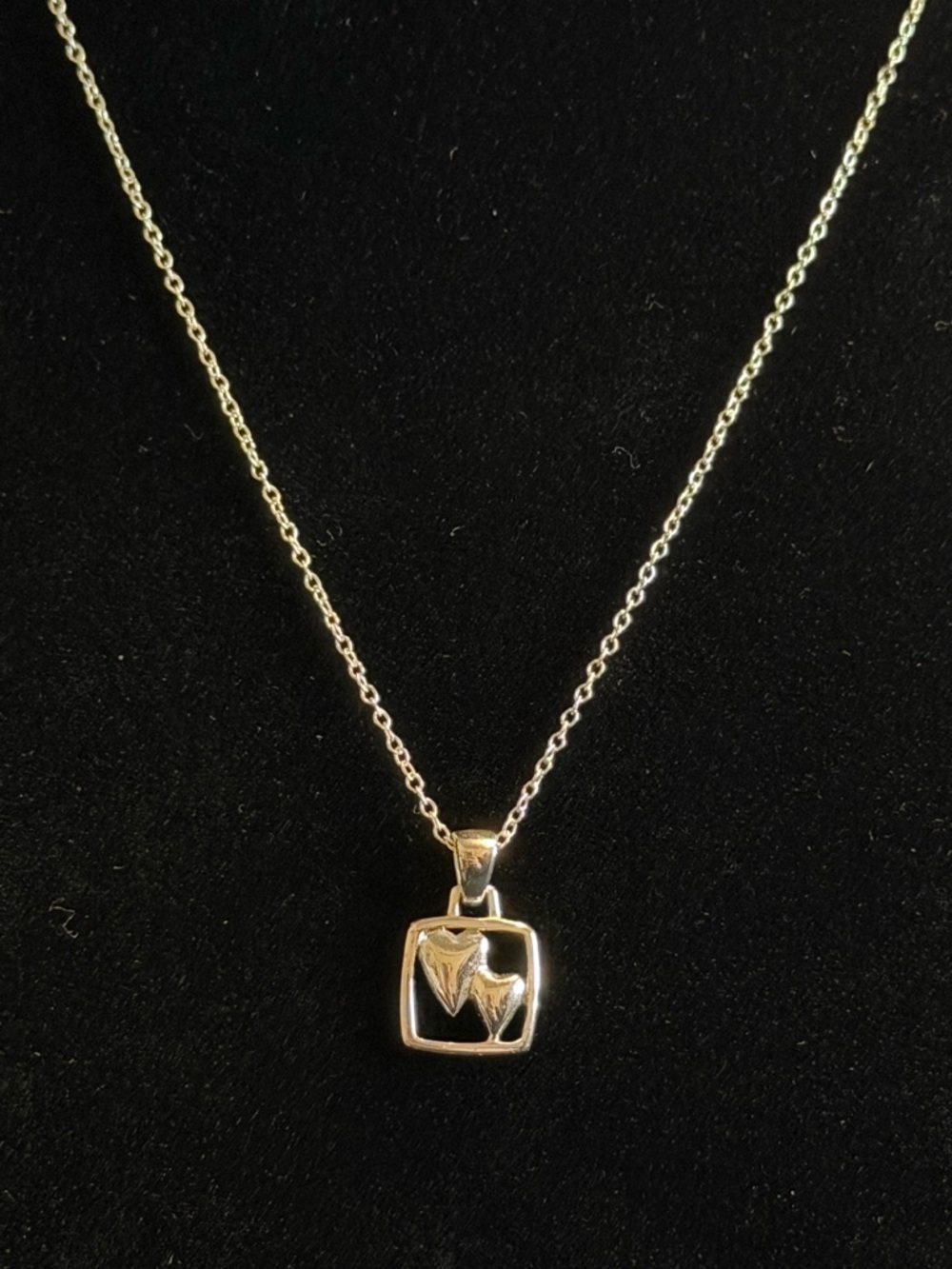 925 Italy Silver Square Pendant with Two Hearts Necklace